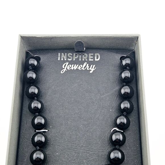 Magnetic Clasp Round Black Bead Necklace Silver Stardust Center Chunky Timeless - Picture 2 of 4